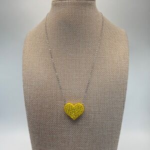 Yellow Rhinestone Heart Pendant Necklace Silver Tone Chain Adjustable 18 Inch